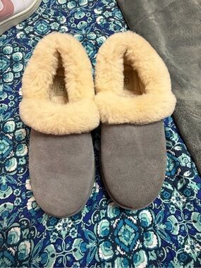 UGG Women's Grey Suede Slippers with Cream Shearling Trim